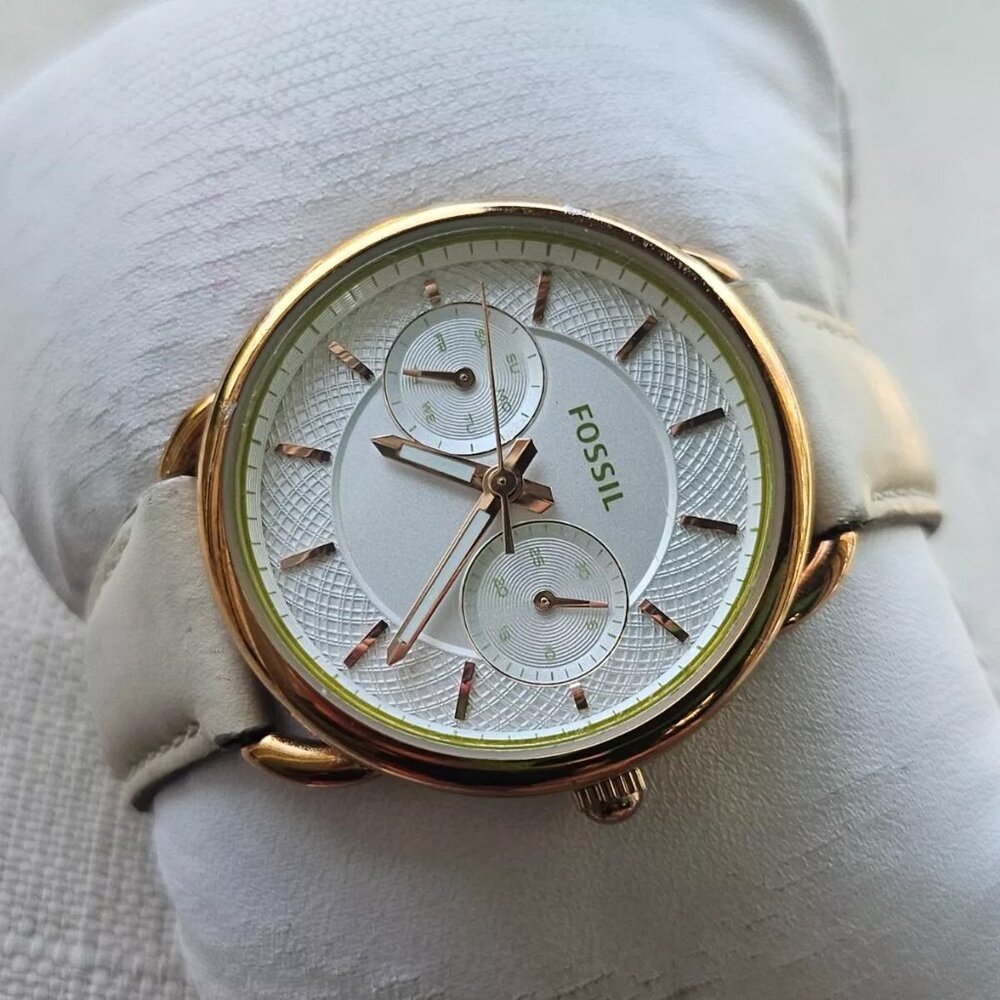 Fossil Women Wristwatch Multifunction Cream Leather Band Gold Tone Case Watch - Picture 2 of 12